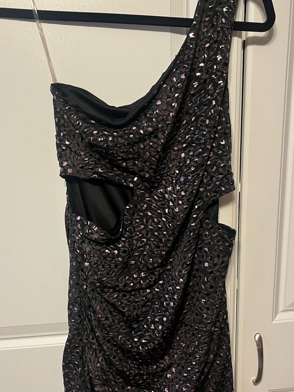 One-Shoulder Black Ruched Mini Dress with Pink metallic Accent-Ruby Rox-M - Picture 2 of 7